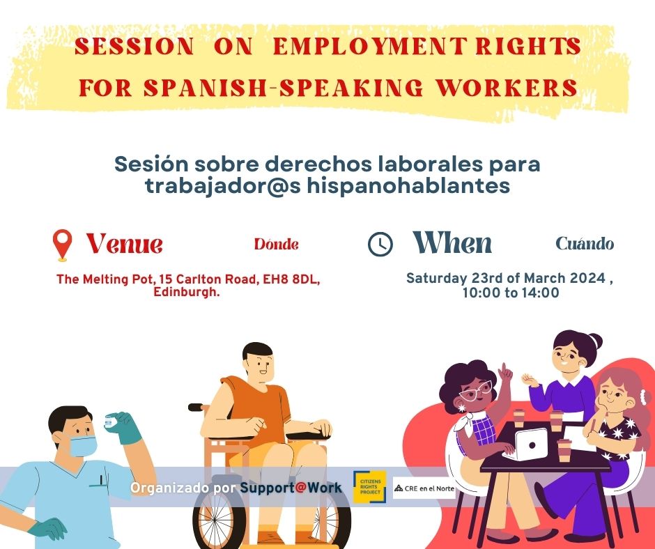¿Problemas en el trabajo? ¡No estás sol@! Únete a nuestra sesión informativa sobre derechos laborales el 23 de marzo en Edimburgo. Descubre tus derechos, obtén ayuda y encuentra soluciones. ¡Regístrate ahora! 📝🤝bit.ly/3wrbXb0

<a href="/CREeNorteUK/">CREnorteUK</a> <a href="/Link_Living/">LinkLiving</a> <a href="/Edinburgh_CC/">The City of Edinburgh Council</a>