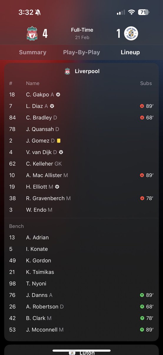 DeadlyDizzle's tweet photo. @JordanMorgan10 It’s the time that player was substituted. I’ve scrolled down a bit so you can see the subs and that they have green up arrows for when they came on. https://t.co/VMFsgt9SGc
