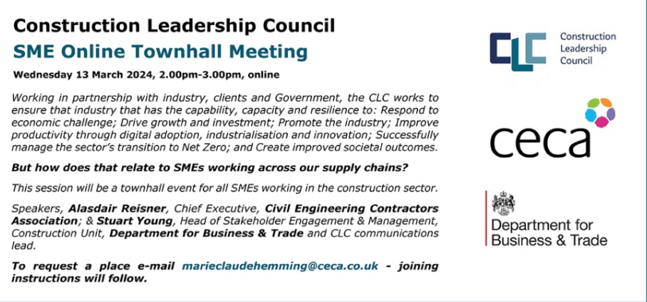 CLC, CECA and the Department for Business and Trade are hosting a townhall event for SMEs working in the construction industry. Full details here: constructionleadershipcouncil.co.uk/news/sme-townh…