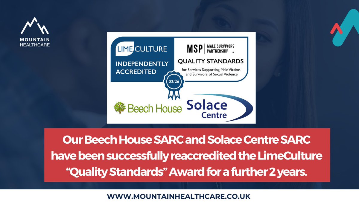 We are pleased to announce that our Beech House SARC and The Solace Centre SARCs have been successfully reaccredited the Independent Accreditation Programme ‘Quality Mark’ 

During the accreditation... mountainhealthcare.co.uk/our-beech-hous… (Read more)

#MountainHealthcare #SARC #Awards