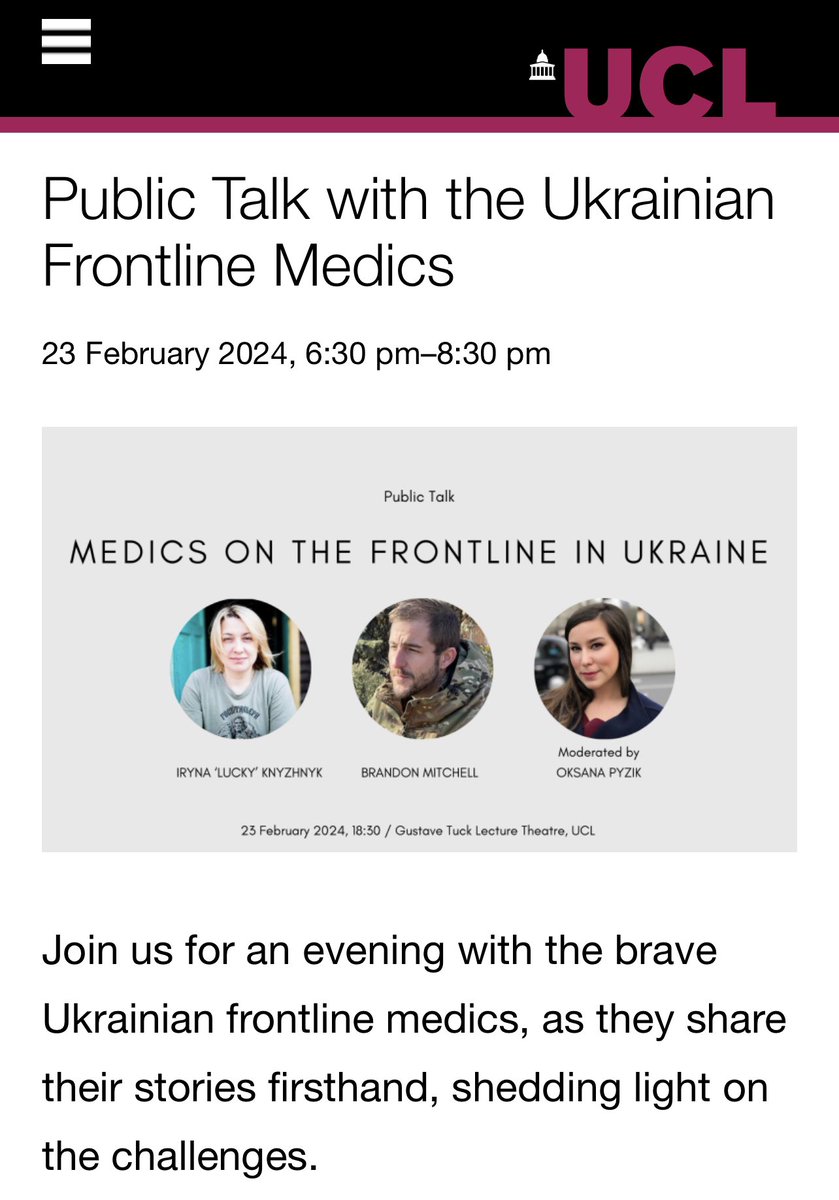 Oksana Pyzik (@oksanapyzikucl) on Twitter photo This week marks 2 years since the full-scale Russian invasion of Ukraine began. A somber milestone- Tomorrow Friday Feb 23rd at 6:30 pm we are hosting a panel discussion at <a href="/ucl/">UCL</a> with frontline combat medics who are risking their lives on the frontlines. <a href="/taira_paievska/">Yuliia Paievska (Taira)</a> survived This week marks 2 years since the full-scale Russian invasion of Ukraine began. A somber milestone- Tomorrow Friday Feb 23rd at 6:30 pm we are hosting a panel discussion at <a href="/ucl/">UCL</a> with frontline combat medics who are risking their lives on the frontlines. <a href="/taira_paievska/">Yuliia Paievska (Taira)</a> survived