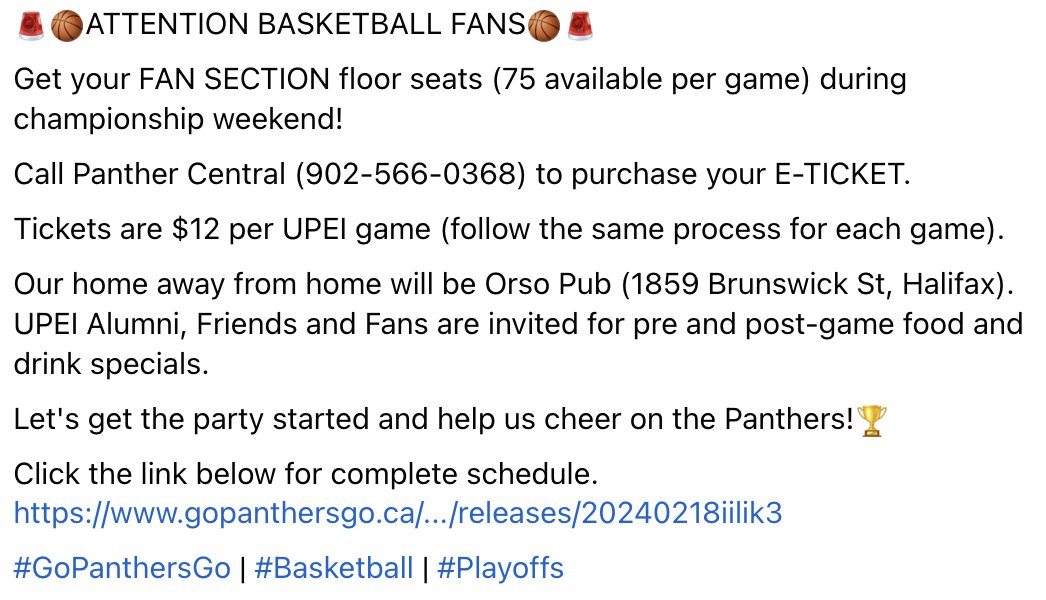 🚨🏀ATTENTION BASKETBALL FANS🏀🚨 Get your FAN SECTION floor seats (75 available per game) during championship weekend! Call Panther Central (902-566-0368) to purchase your E-TICKET. Tickets are $12 per UPEI game (follow the same process for each game). #GoPanthersGo