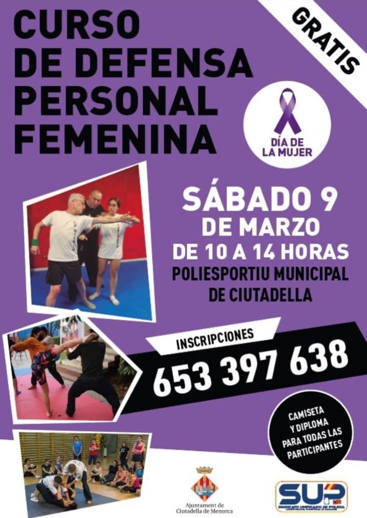 SUPBaleares's tweet image. DEFENSA PERSONAL FEMENINA 

📆 9 de Marzo

🕘 10:00 a 14:00 

🏢 Polideportivo Ciutadella 

📞 Inscripciones 653 397 638 

Imparte José Antonio Nieto &quot;Primo&quot; y su equipo 

#SupLíderEnFormación