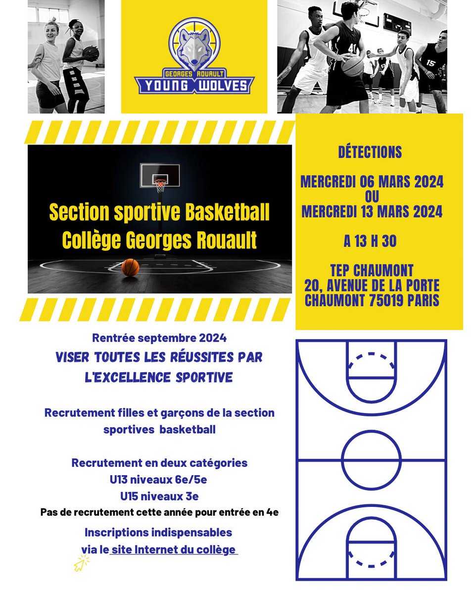 ClgGRouault's tweet image. 🏀Save the date 🏀 dès le 26/02 ouverture des inscriptions aux détections pour intégrer la section sportive basketball ⛹🏻‍♀️filles ⛹🏾‍♀️et ⛹️garçons ⛹🏾‍♂️du collège Georges Rouault  pour la rentrée 2024 - entrées possibles en 6e, 5e et 3e @Paris19e @Academie_Paris