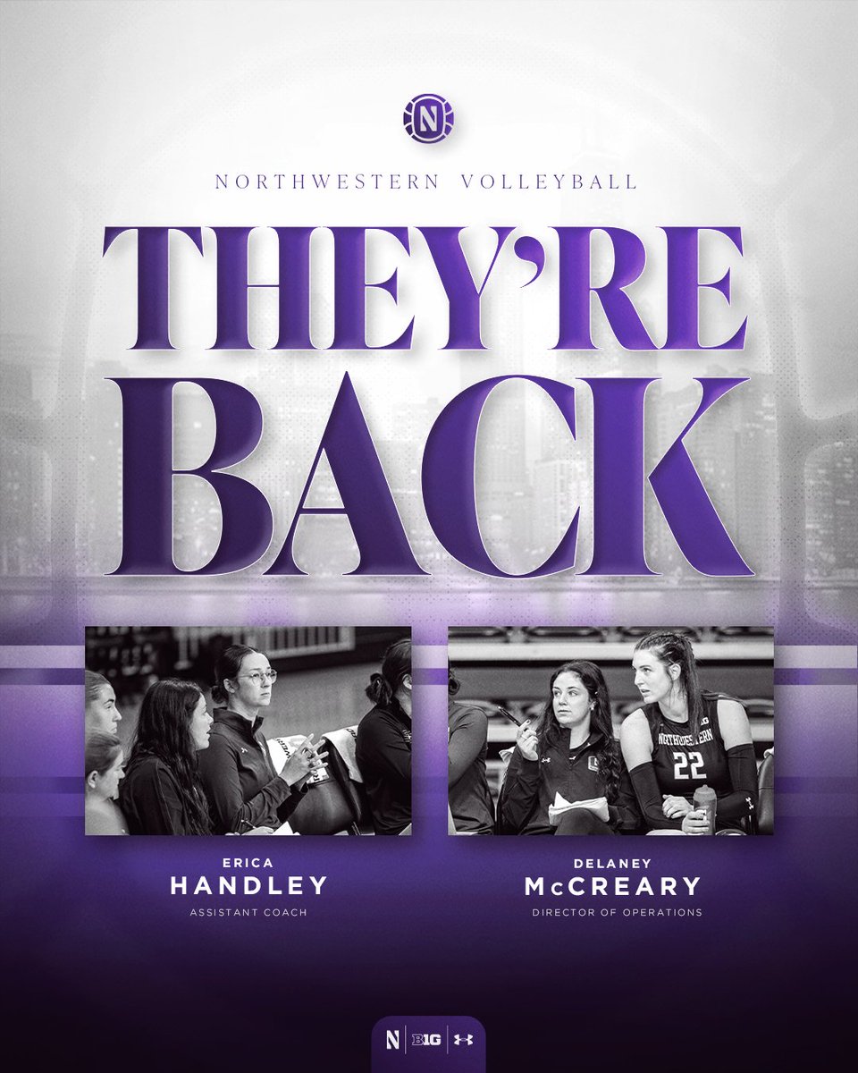 𝐓𝐇𝐄𝐘'𝐑𝐄 𝐁𝐀𝐂𝐊 Thrilled to have @ericahandley2 and @DelMccreary staying 🏠 in Evanston! #GoCats | @B1GVolleyball
