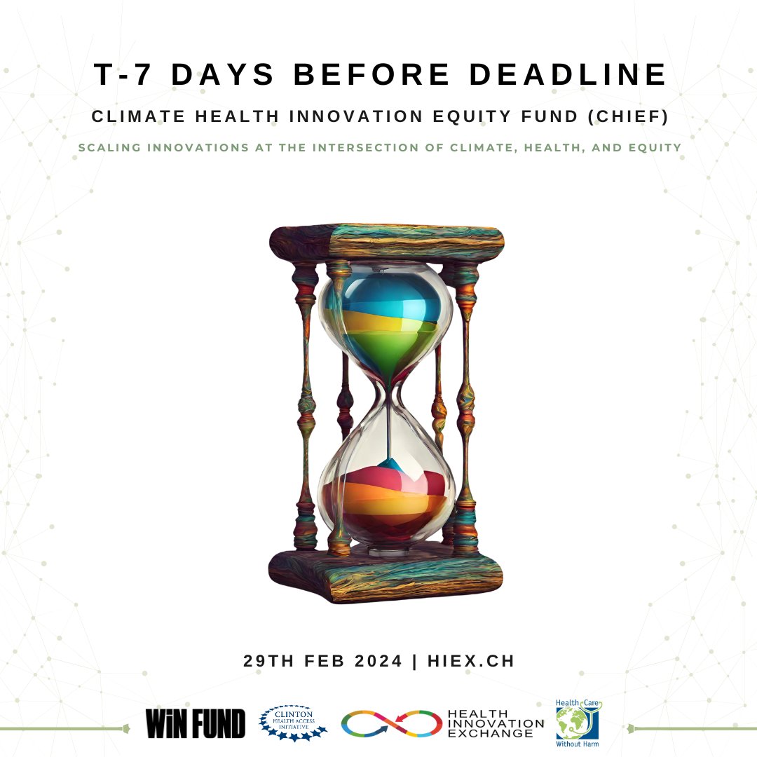 Just 7 days left to apply for the CHIEF Call for Innovators! If you are an innovator in climate change or pioneering new health solutions addressing climate impacts, this call is for you! 🔗hiex.ch/call-for-appli… ⏰Feb 29th, 12PM CET #CHIEF #Innovation #ClimateHealth