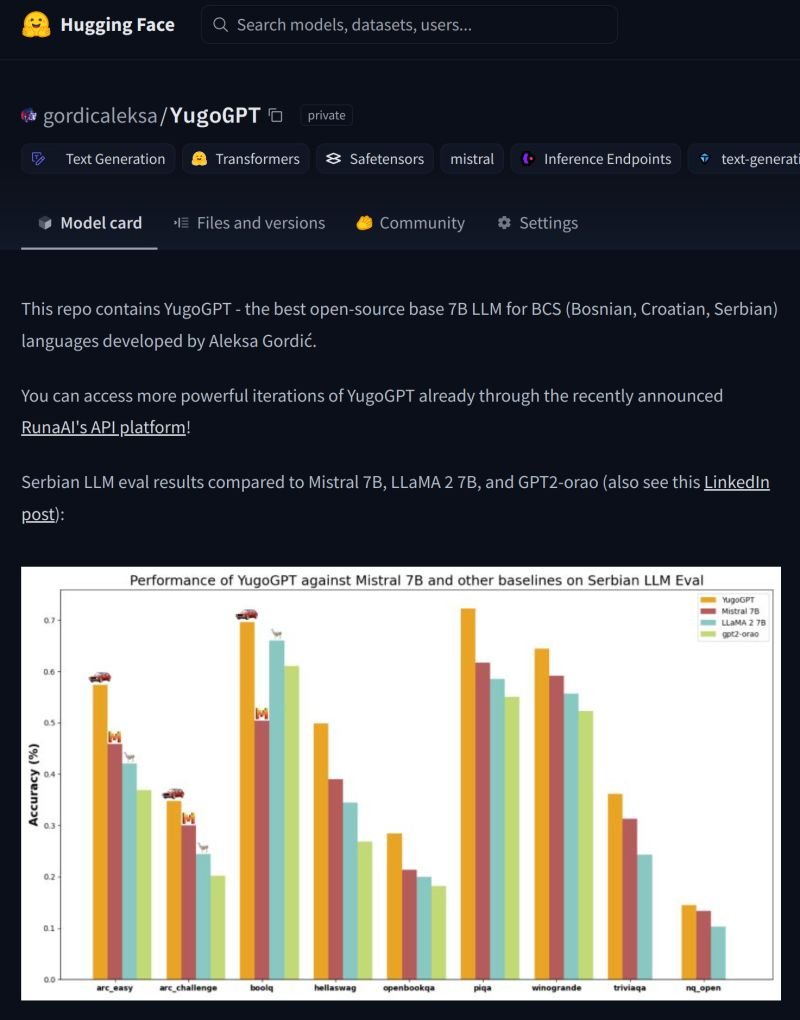 Happy to announce that I'm open-sourcing YugoGPT-base LLM - the best 7 billion parameter LLM for BCS (Serbian, Bosnian, and Croatian) languages! I hope that this contribution of mine will play its part in kicking off the local LLM ecosystem!

You can find the model on