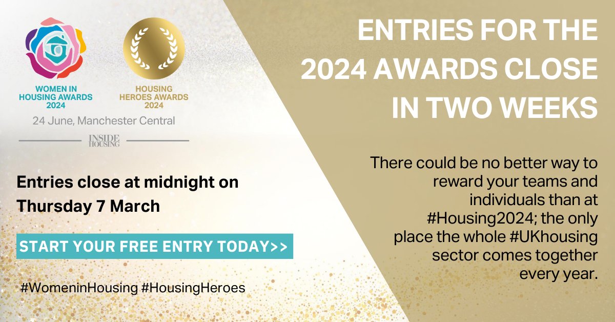 🔊Only TWO WEEKS to go until entries close for the #WomeninHousing / #HousingHeroes Awards There has never been a more vital time to recognise important work being done within the sector Entries are FREE of charge Download our FREE entry guide here: womeninhousingawards.co.uk/enter-now