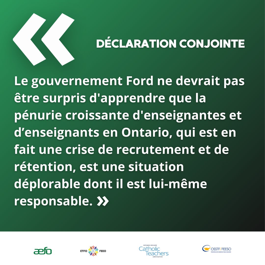 AEFO_ON_CA's tweet photo. Prenez connaissance de la déclaration conjointe en réponse aux récents commentaires du ministre de l'Éducation Stephen Lecce sur la crise de la rétention et du recrutement : https://t.co/P6reYD6Z4l

#onpoli #onted https://t.co/bToiTSCPjJ