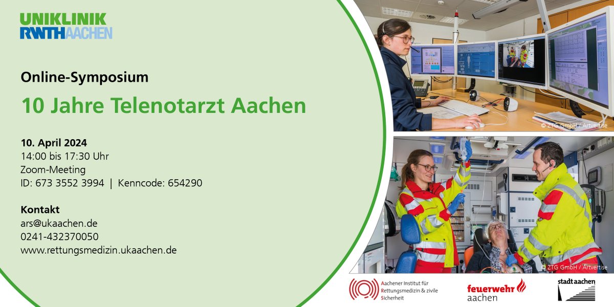 10 Jahre #Telenotarzt #Aachen: Online-#Symposium am Mittwoch, den 10. April von 14:00 bis 17:30 Uhr. Alle Infos gibt es hier: shorturl.at/rsxMZ.