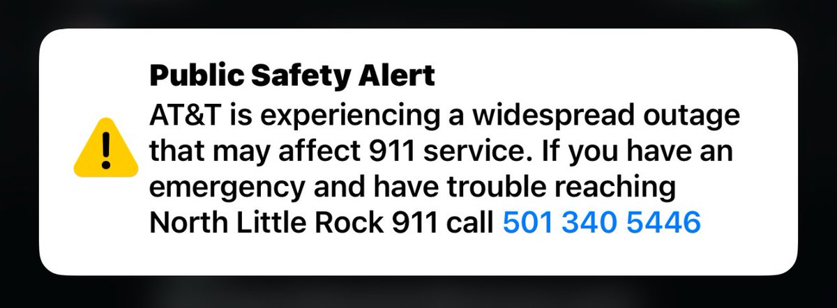 joel_off_air's tweet image. Just got this public safety alert.. 911 may not be working in spots. 

Did you get an alert like this? I sure hope it helps anyone who may have an emergency today. #ARNews #CellPhoneOutages