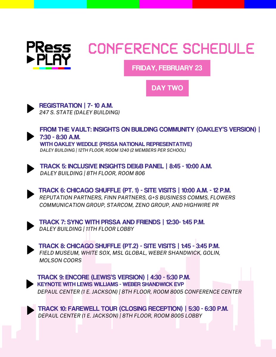 PRessPlayDePaul's tweet photo. Are you curious about what you will experience today and tomorrow? 📆

Here is a detailed schedule of this year's 2024 PRSSA Midwest District conference hosted by DePaul University in Chicago! https://t.co/JdYJGF5A7m