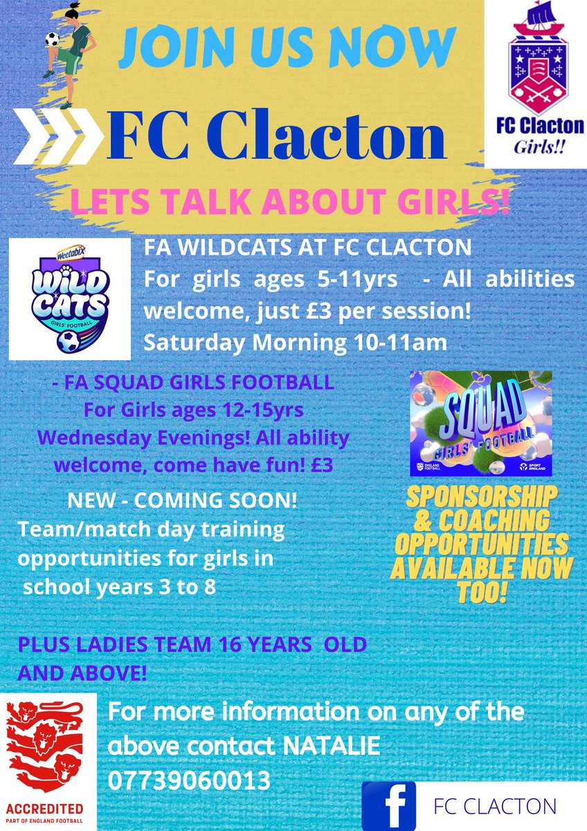 Guess who's back from their winter break!!
Wildcats- Girls aged 5-11
Squad - Girls ages 12-15 &amp;
New girls team training! 👀 ⚽️ 
#FCClacton #Girlsfootball #football