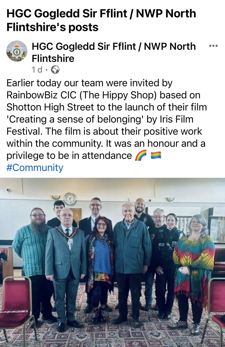<a href="/NWPDiversity/">HGC Uned Amrywiaeth / NWP Diversity Unit</a> team member PC Rich Fishlock attended <a href="/RainbowBizUK/">RainbowBiz CIC 🏳️‍🌈</a> Hippy Shop on Shotton High Street recently, to support the launch of their film 'Creating a sense of belonging' by Iris  Film Festival.  A great achievement, #Community #engagement 🏳️‍🌈 🙂