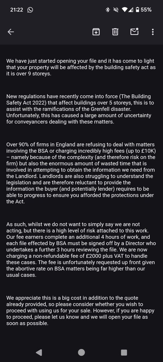 The government's BSA is creating even more costs &amp; hardship for leaseholders trapped in the #BuildingSafetyCrisis

Conveyancer asking for £2000 non refundable upfront fee for all sales on properties over 11 mtrs

<a href="/CAtradebody/">Conveyancing Assoc.</a> apparently 90% of firms are refusing to take work on?!