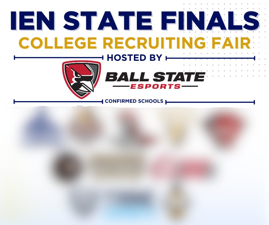 Indiana Esports Network (@esportsindiana) on Twitter photo IEN is excited to expand our offerings at State Finals to include a college recruiting fair! Put April 27th on your calendars. Huge thanks to <a href="/bsuesports/">Ball State Esports</a> for hosting the event! We'll begin announcing more confirmed schools next week, but here is a teaser to tide you over. IEN is excited to expand our offerings at State Finals to include a college recruiting fair! Put April 27th on your calendars. Huge thanks to <a href="/bsuesports/">Ball State Esports</a> for hosting the event! We'll begin announcing more confirmed schools next week, but here is a teaser to tide you over.