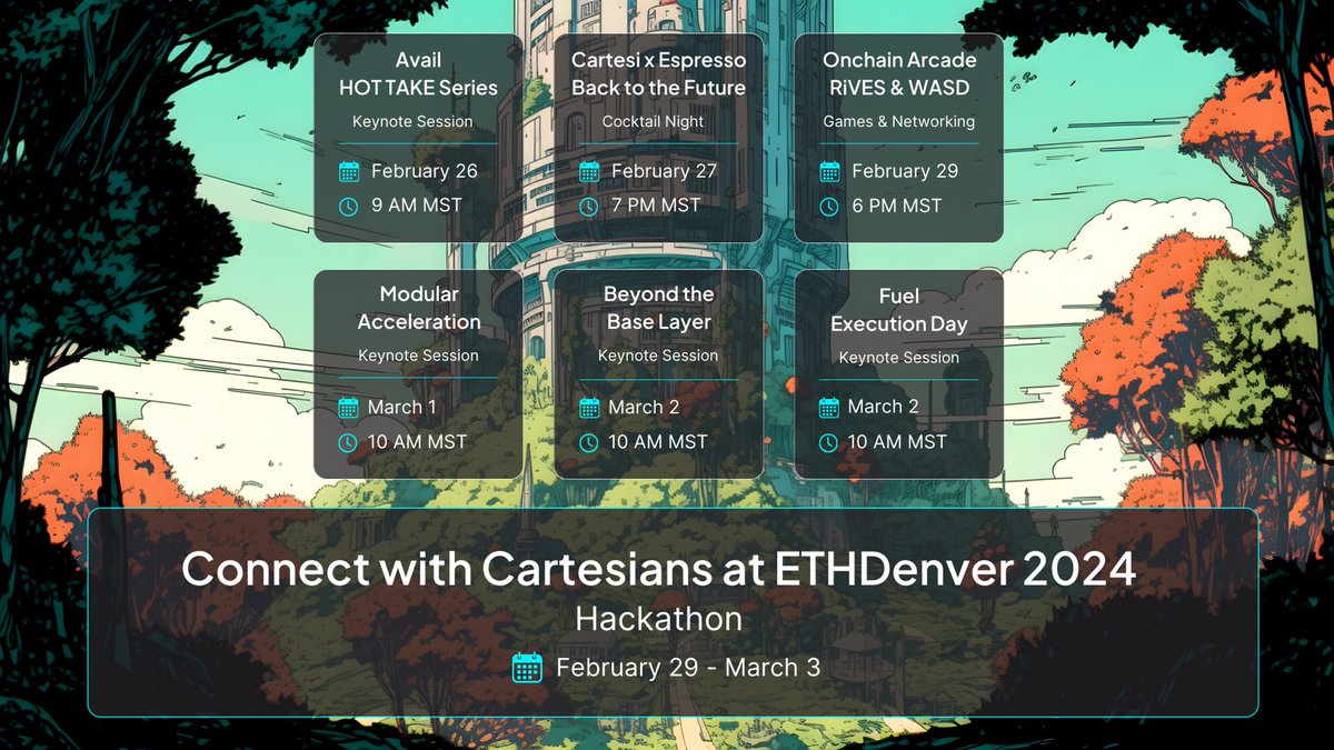 cartesiproject's tweet image. Who’s going to #ETHDenver2024? Make sure to connect with the Cartesi team! Whether you're a developer eager to explore the potential of modular rollups solutions and alt-VMs or a blockchain enthusiast keen on understanding the latest advancements, we’d love to have a chat.

📍…