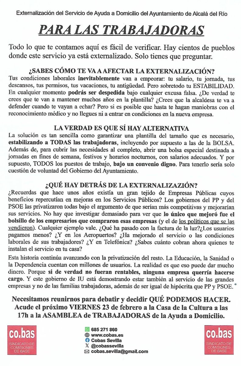 El gobierno de IU PRIVATIZA el Servicio de Ayuda a Domicilio de Alcalá del Río
