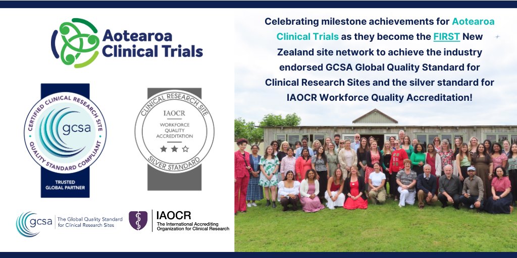 GCSA_Certified's tweet photo. Congrats to @AotearoaTrials on becoming the first NZ network of #clinicaltrial sites to achieve @GCSA Site Certification &amp; @IAOCR #WQA Silver Standard. Milestone achievements for a team committed to industry-leading quality standards. Learn more here: https://t.co/wU84N5I1cS https://t.co/NxFeBSIUEr