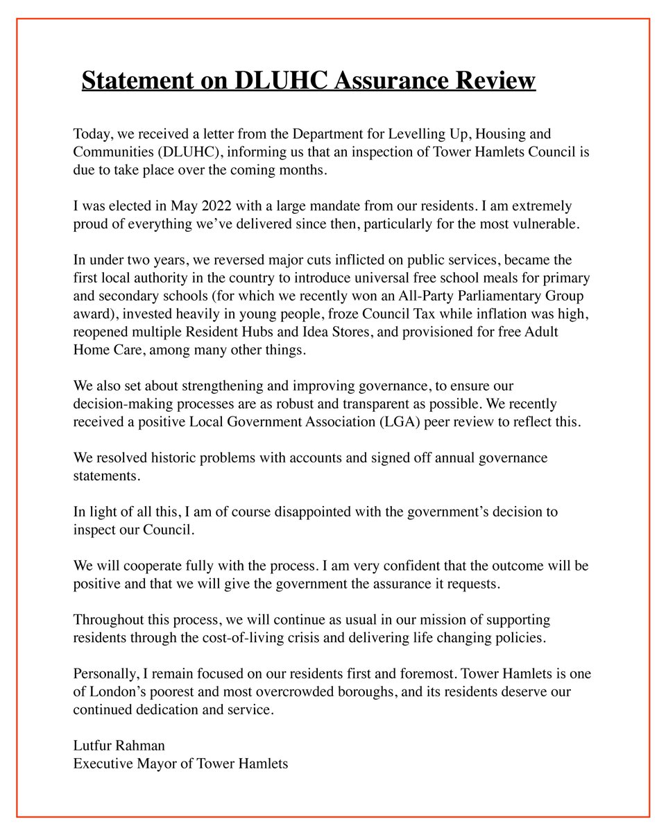 My statement on the DLUHC Assurance Review ⬇️