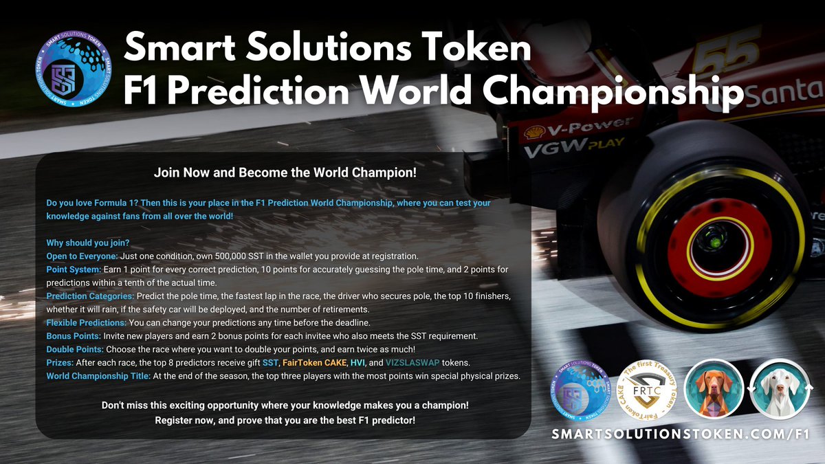 sstcrypto's tweet image. Join the F1 Prediction Championship! Make predictions, earn points, win tokens, and special prizes. Register now!

smartsolutionstoken.com/f1