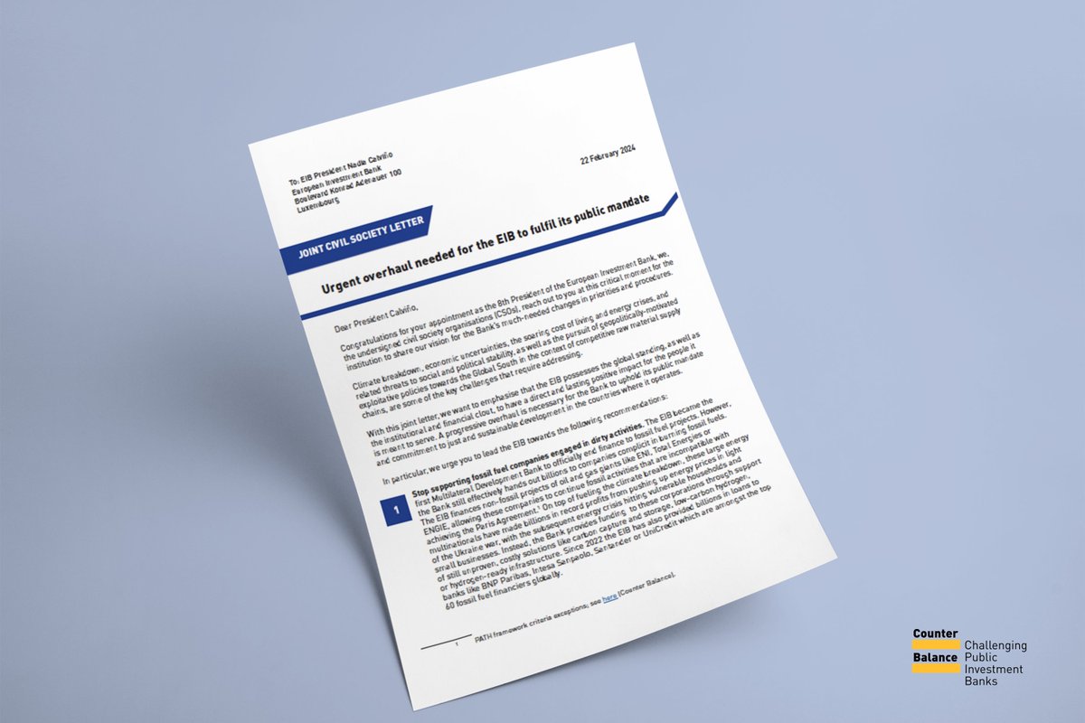 📬In your inbox, @NadiaCalvino: 14 CSOs call for urgent action at @EIB. As 🇪🇺 Finance Ministers are meeting to discuss @EIB’s future, we urge the bank with a non-profit mandate to ditch fossil fuel companies, and instead focus on social impact and public goods. Full letter…