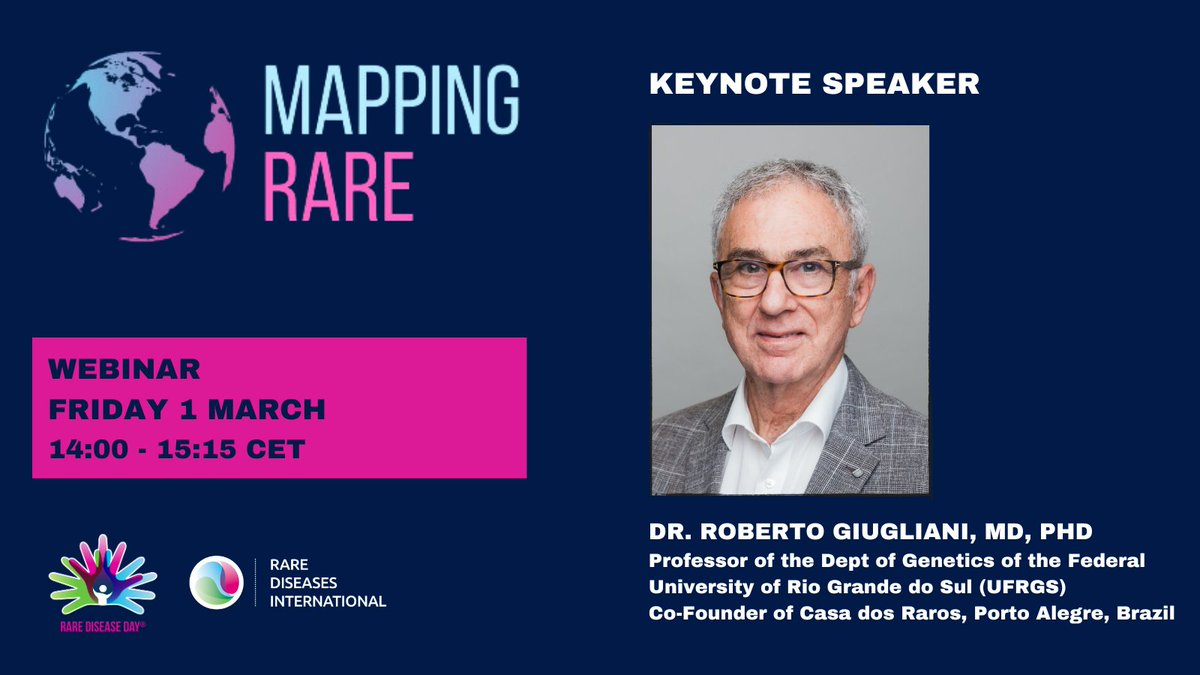 RDI is thrilled to announce the participation of Dr. Roberto Giugliani, Professor of Genetics at UFRGS🇧🇷and Co-Founder of @CasadosRaros as a keynote speaker at our webinar to launch Mapping Rare for #RareDiseaseDay. Join us on 1 March at 14h00 CET! ➡️us02web.zoom.us/webinar/regist…