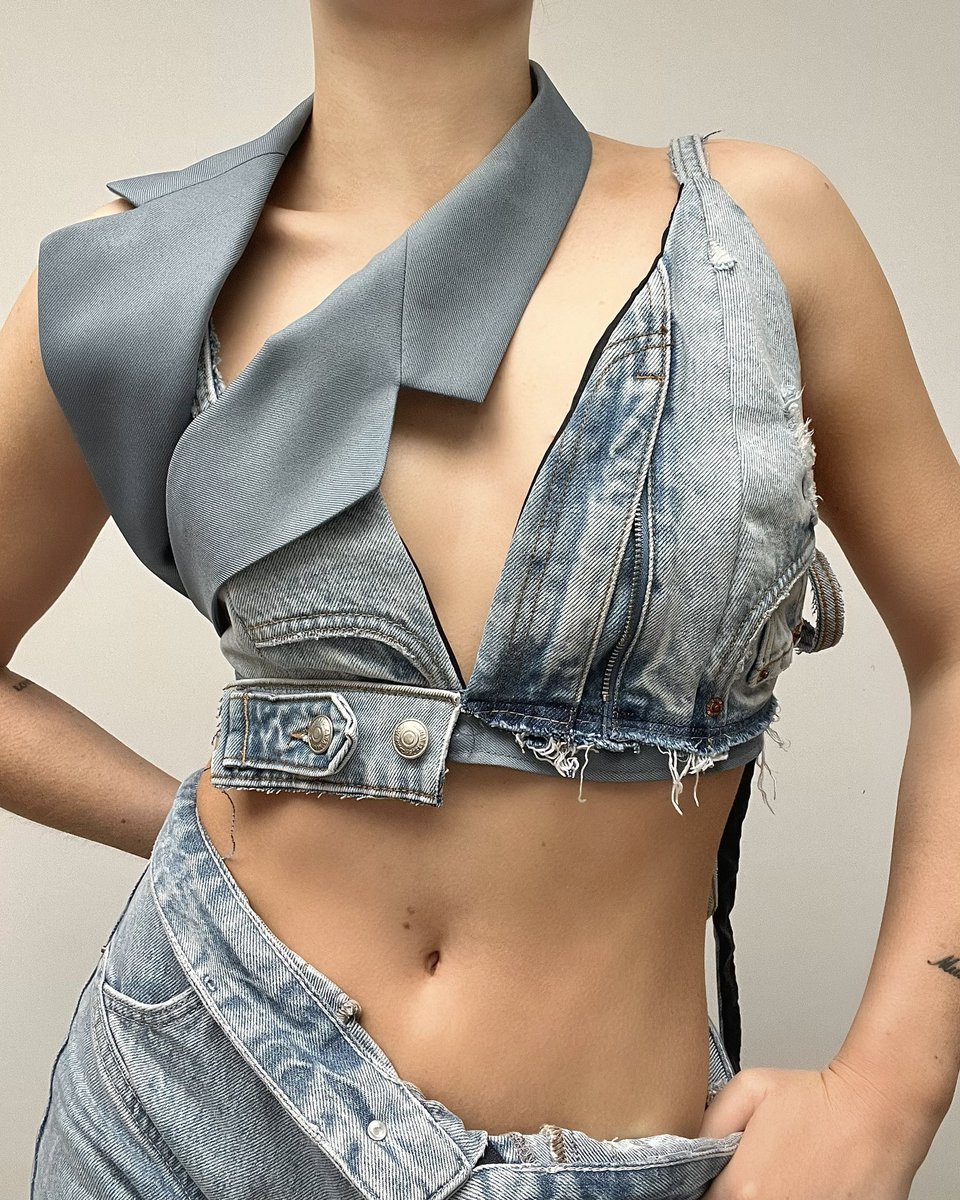 SarahORobinson_'s tweet photo. Our ninth 10 X 10 bralet is now available! Mix of preloved blazer and jeans. 

Part of 10 X 10 campaign, featuring 10 Slash Bralet Styles, in 10 variations, at 10 different prices over the span of 10 days.

#upcycling #denimupcycling #denim https://t.co/Qu54VJYaYG