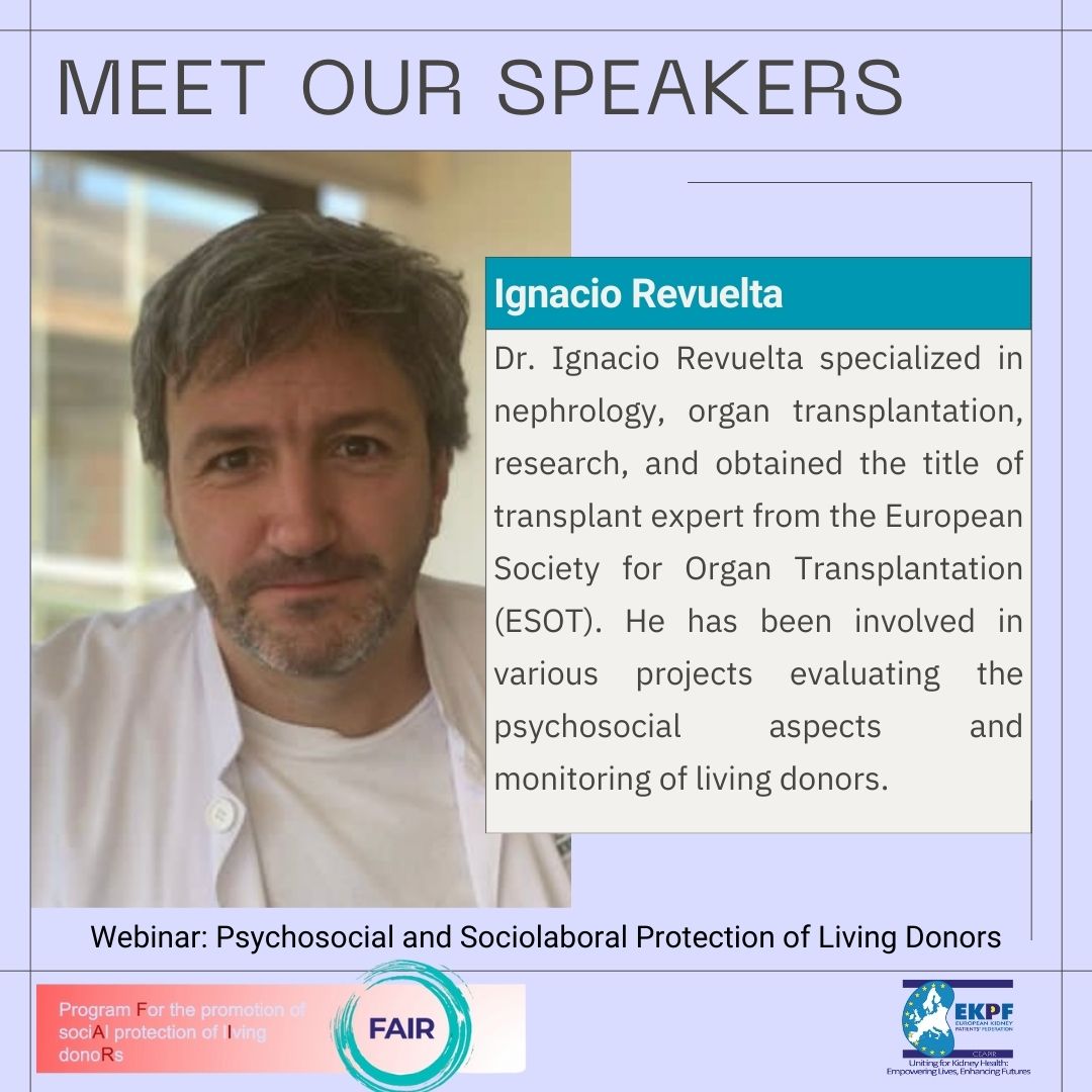 🌟 We're thrilled tointroduce Dr. Ignacio Revuelta as one of our speakers for the upcoming webinar! Dr. Revuelta has contributed significantly to psychosocial evaluationand monitoring projects forliving donors.💡Don't miss out on this insightful session! #LivingDonors #Webinar 📅