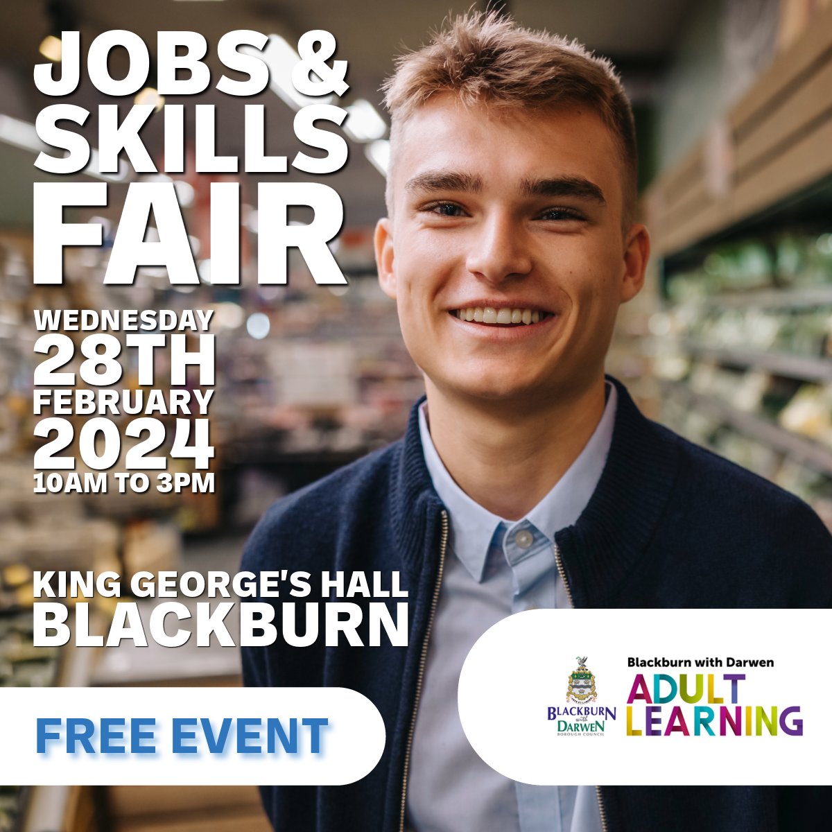 🌟 Join Us at the BwDBC Jobs &amp; Skills Fair! 🌟

📅 Date: Wednesday 28th February 2024
🕙 Time: 10am-3pm
🏛️ Venue: King George’s Hall, Northgate, Blackburn, BB2 1AA

Ready to attend? Register here: forms.office.com/e/FCmTPtzjJw