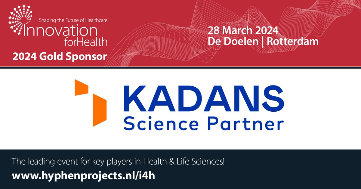 Gold Sponsor and Exhibitor at Innovation 4 Health 2024! We're thrilled to announce that Kadans Science Partner will be a Gold Sponsor and Exhibitor at the upcoming Innovation 4 Health event on March 28th in Rotterdam! hyphenprojects.nl/i4h/registrati…