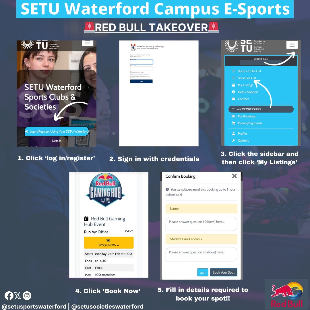 🚨RED BULL TAKEOVER🚨
Follow these steps to sign up for the Red Bull Takeover on Monday 26th February!!

…rford.sportsclubsandsocieties.setu.ie