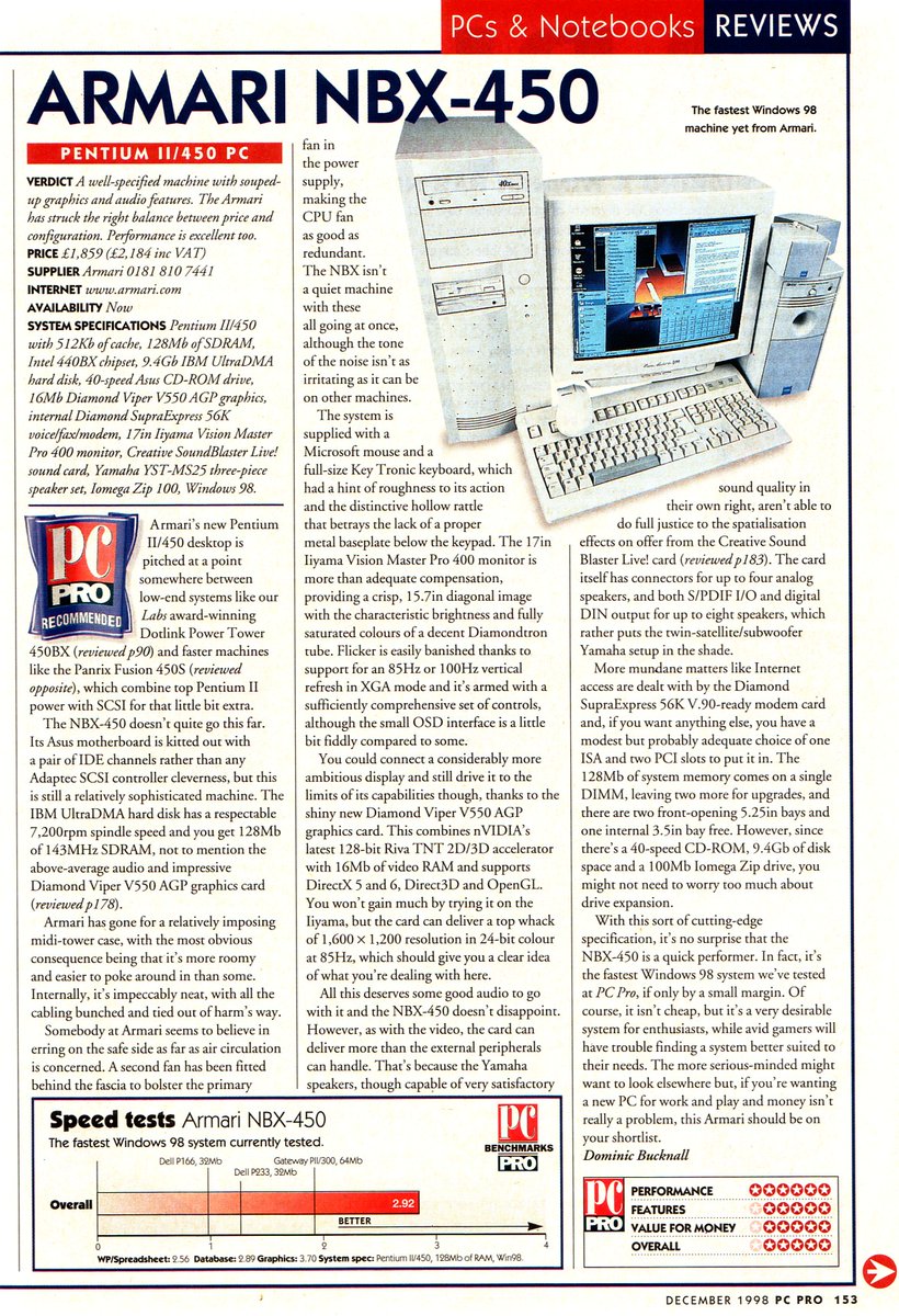 ArmariLtd's tweet photo. Todays #ThrowbackThursday 
@pcpro December 1998

Review of the Armari NBX-450

-Pentium II/450
-128MB of SDRAM
-9.4GB Hard drive
-16MB Diamond Viper V550 AGP Graphics
-Diamond SupraExpress 56K Modem
-Creative SoundBlaster Live! sound card
-Windows 98 https://t.co/Phq0oP5EJe