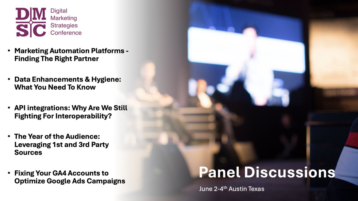 #DMSC - I love hosting panels with industry experts and progressive #autodealers on topics that are aligned with the future of #automotiveretail.  Here are a few of the main stage panels that will be featured at the 'Davos' of automotive digital marketing leadership.

First-party