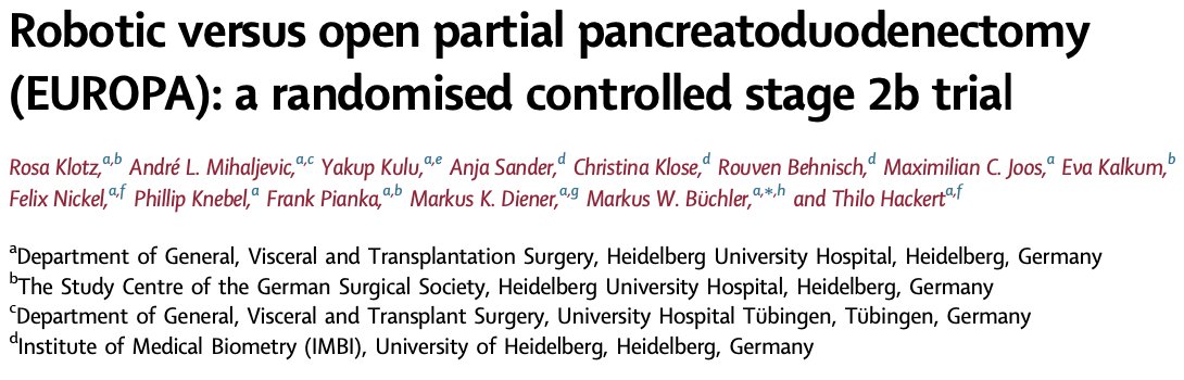 The EUROPA trial randomizing pts➡️open (🔪n=29) vs robotic Whipple (🤖n=33) just dropped. Cumulative complications🟰:🔪34%,🤖36% Panc specific grade B/C rates❌:🔪58%,🤖33% DGE rates❌:🔪6%,🤖34% Cost❌:🔪$21,429,🤖$33,503 A few thoughts in this thread: thelancet.com/pdfs/journals/…