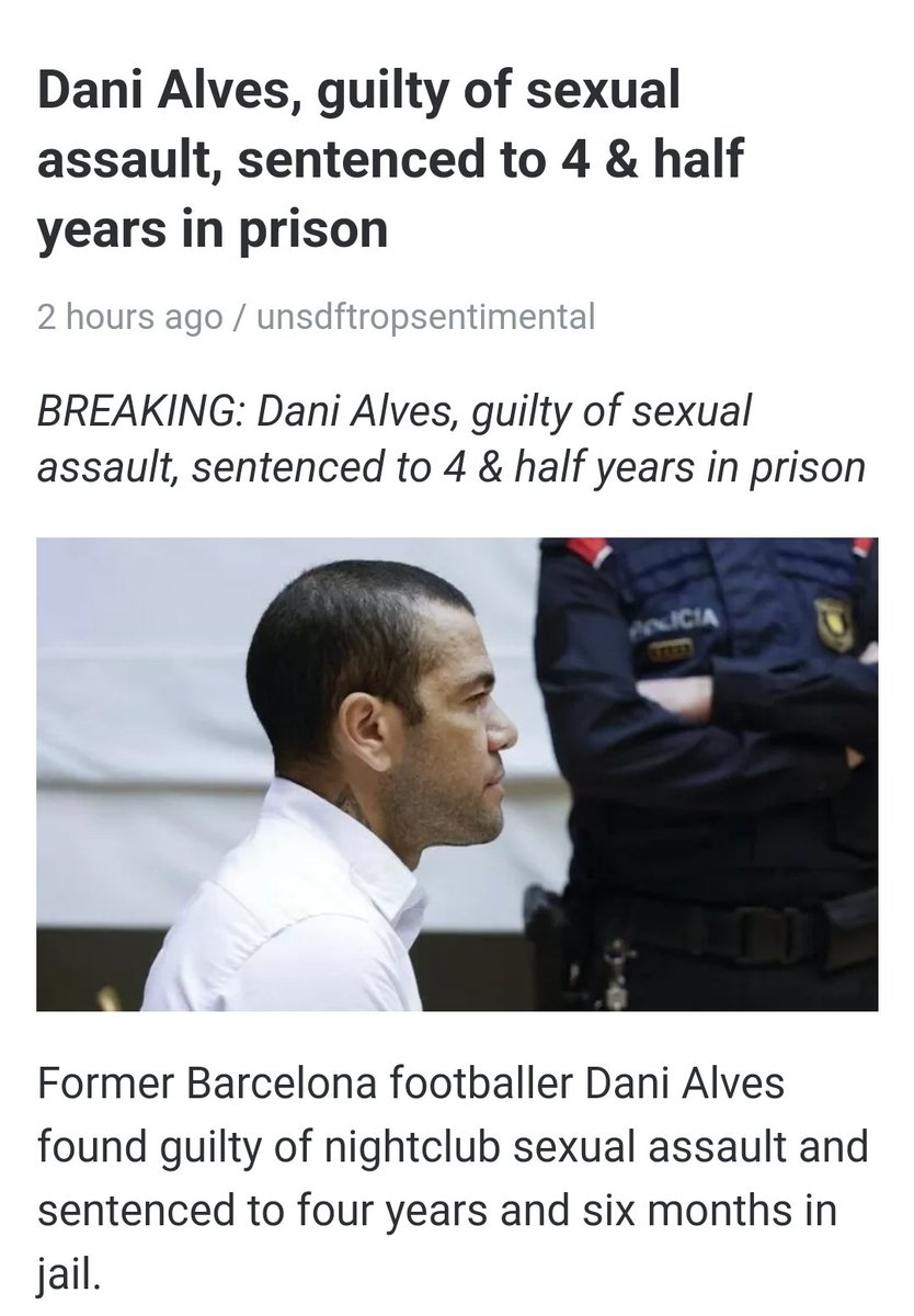 wizzy1UTD's tweet photo. Dani Alves, guilty of sexual assault, sentenced to 4 $ half years In prison.
(DANI ALVES)
#Barcelona
#laliga
#asault https://t.co/w88BsspnQA