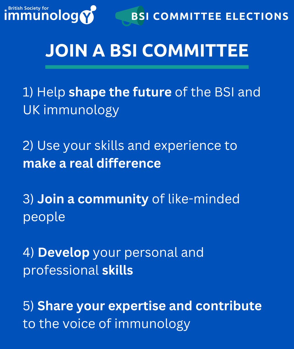 britsocimm's tweet image. Are you considering joining a #BSIcommittee? Here are 5 reasons why you should 👇

We have 17 roles up for nomination this year with something to suit everyone, no matter your career stage or sector of #immunology 🤩

Nominate yourself by next Fri 1 Mar: bit.ly/47TgTT6