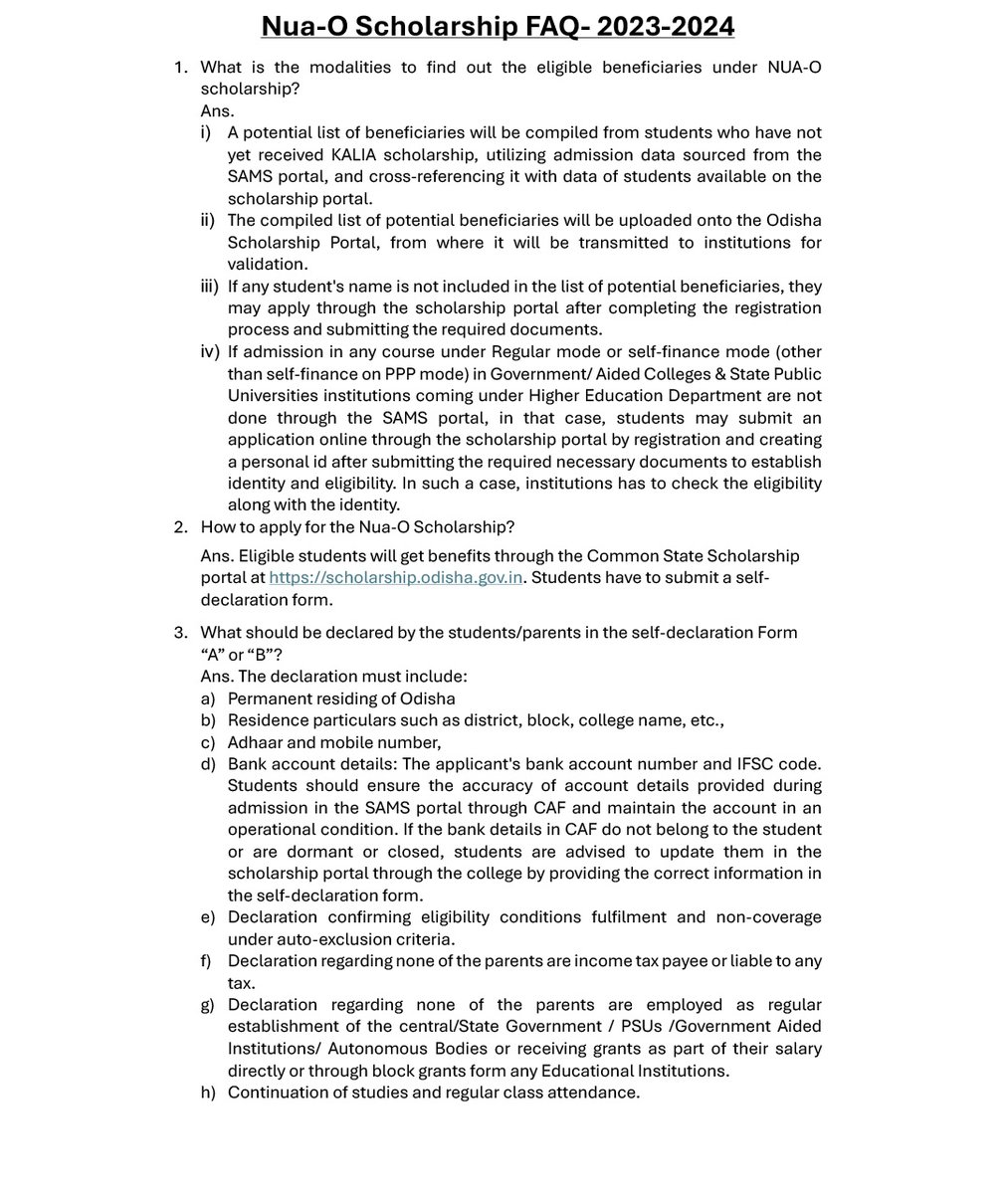 DHE_Odisha's tweet photo. Attention Students
Comprehensive answers to all your questions about the Nua-O Scholarship 2023-2024.
#CMOOdisha @AtanuMLA @aravind_od_ias https://t.co/q75dy6hM16