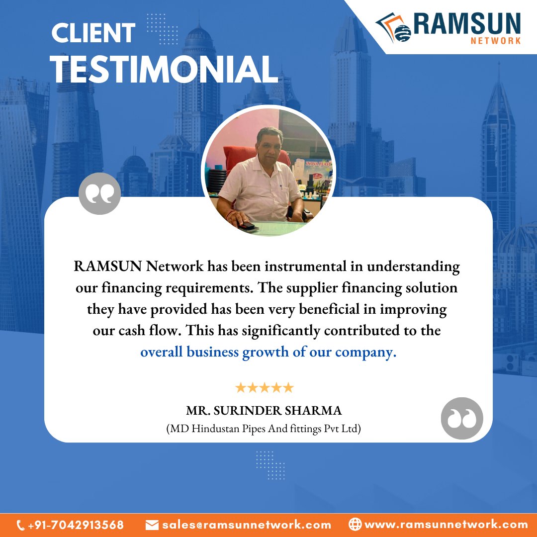 NetworkRamsun's tweet photo. #ClientTestimonial 
Elevating Businesses: Hear the impact of our financial solution through our client's experience. 
Start your journey to financial empowerment with us . 
Connect with us at ~ https://t.co/YwHqJqqDBQ

#ramsunnetwork #supplychainfinance #BusinessGrowth https://t.co/ofOIUfDye4