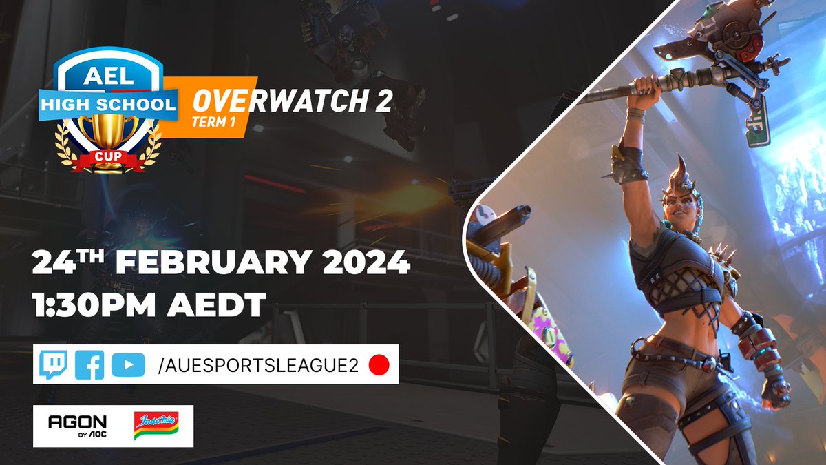 🥳 The AEL High Schools Cup is back! 🥳

Join <a href="/Racquetz/">Racquet</a>, <a href="/MendrixNm/">Mendrix</a> &amp; <a href="/TwoTapTony/">Tony</a> for the Overwatch 2 Swiss Ranking Tournament of Term 1!

📅Saturday 24th February
🔴LIVE 1:30PM AEDT 
📷twitch.tv/auesportsleagu…

The AEL is proudly supported by <a href="/AGONbyAOC/">AGON by AOC</a> &amp; <a href="/Indomielovers/">Indomie</a>