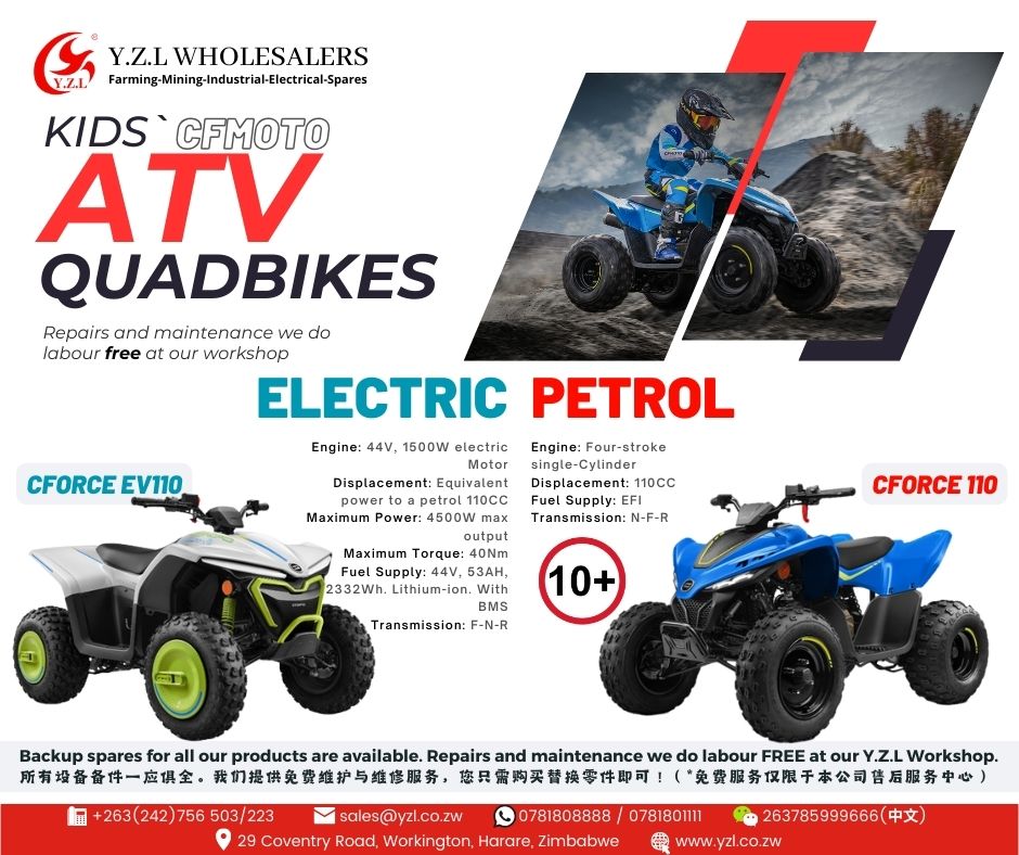 📢CHECK OUT OUR NEW ATV QUADBIKES FOR KIDS AVAILABLE AT Y.Z.L WHOLESALERS

#YZLWholesalers #farming #mining #electrical #CFMOTOZimbabwe #ATV #SSV #UTV #electricATV #PetrolATV #KidsATV #ATVriding #Quadbike #elelctricQuadbike

GET YOURS TODAY!!
+263(242)756 503/223
sales@yzl.co.zw