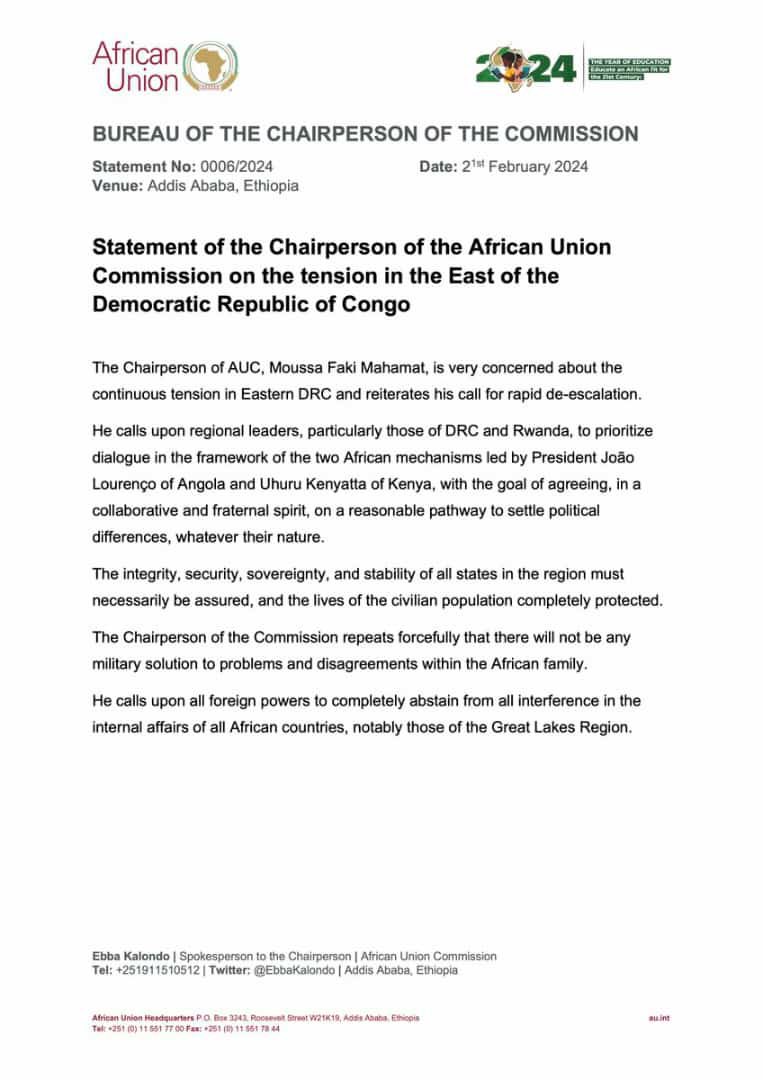 Statement of the Chairperson of the #African Union Commission on the tension in the East of the #Democratic Republic of #Congo