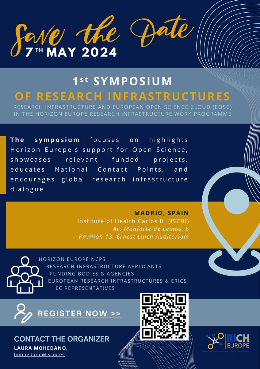 📢We kindly invite you to the 1st #RICHEurope's Symposium of #ResearchInfrastructures 📅7th May 2024 in Madrid, Spain 💻📚The Symposium will focus on the support for Open Science, showcases of relevant funded project and global RIs dialogue. ✍️QR code for the registration.