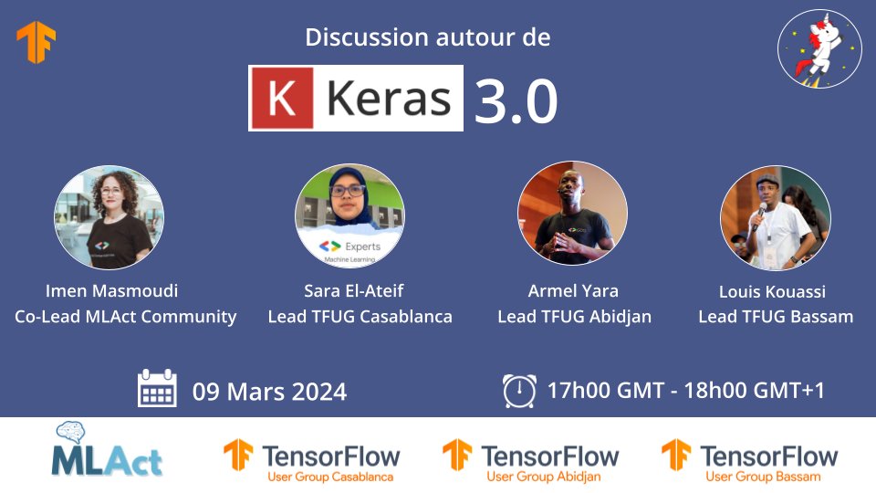 TensorflowC's tweet photo. Nhare 9 Mars 2024, ghadi insha'Allah ndirou presentation 3la Keras 3.0, akhir version dyal Keras li kat7emel bezaf dyal backend.
2ila ghitou t3erfou chnou tbedel, chnou tzad, mre7ba bikoum m3ana m3a 18h00 nhare 9 Mars :)

Join us: https://t.co/LO9VXG6sF4 https://t.co/WramO6zgnS