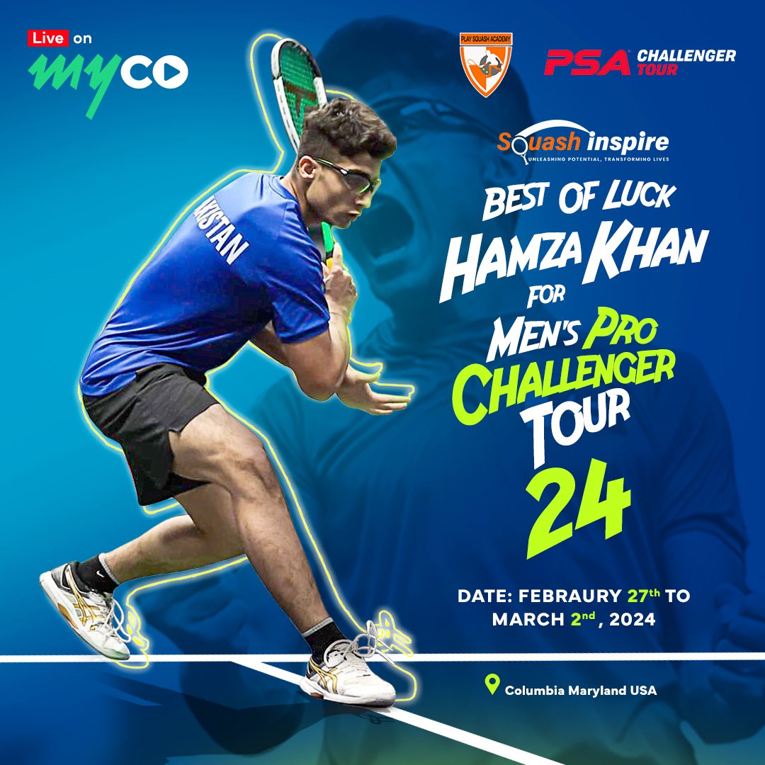 myco_io's tweet photo. Wishing very good luck to Hamza Khan as he takes on the Men's Pro Challenger Tour 24! Catch all the action live on myco from 27th February. Don't miss a moment of his incredible journey! 🎾🏆

 #SquashPro #HamzaKhan #SquashChmapion https://t.co/qcmPbfXaBt