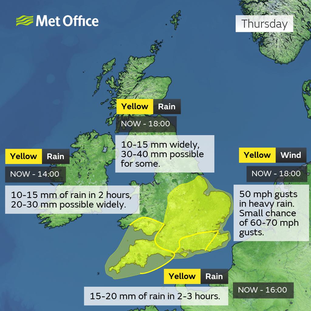 There are warnings in place across southern and central parts of the UK for heavy rain and strong winds. Here is a summary of what to expect below 👇 Stay #WeatherAware ⚠️