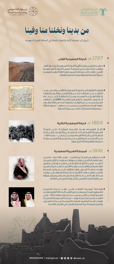 من بدينا ونخلنا منا وفينا.. حظيت النخيل بعناية أئمة الدولة السعودية وملوكها منذ نشأتها حتى يومنا هذا.
.

<a href="/NCPD_SA/">المركز الوطني للنخيل والتمور</a> #تمور_نجدية #يوم_بدينا #يوم_التاسيس