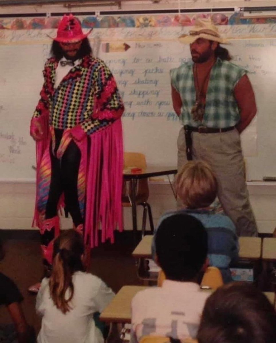 If you ever wondered what Macho Man and Skinner would look like dressed in gimmick teaching a first grade class, here you go….