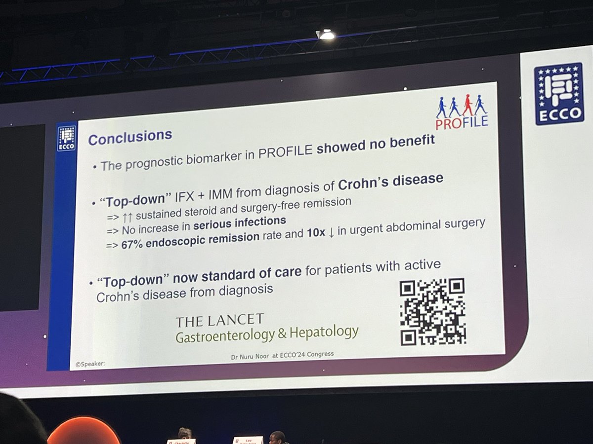Impressive start of #ECCO24 by #NuruNoor presenting results from #PROFILE. Paradigm-changing re the use of top-down in #IBD? 👉🏼Severe endoscopic activity -> higher response 👉🏼No pts with mild CD included 👉🏼 Biomarker neg @Y_ECCO_IBD @GianlucaPellino @IBD_FloMD @EdwardLoftus2