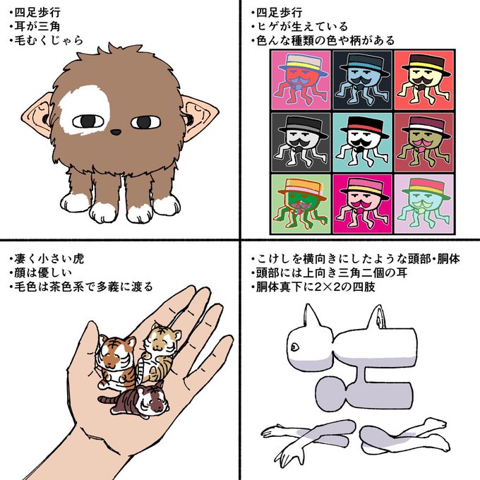 むかし、猫を知らない人になったつもりでフォロワーから3行で猫の特徴を教えてもらって描いた猫想像図。
#猫の日 